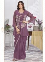 Shimmer Georgette Wine Party Wear Embroidery Work Ready To Wear Saree